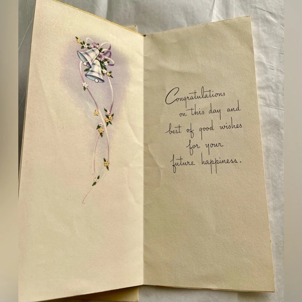 VTG Unused 1960’s Wedding Card with Envelope Vintage Bride Groom Orchids Bell